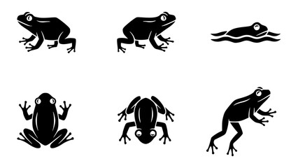 Naklejka premium Black frog illustrations in various poses, with several design variations