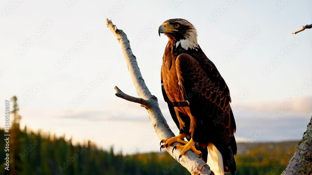 Poster an eagle perched on a branch in a forest with golden sunlight and a blurred background