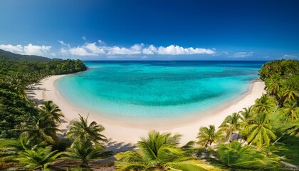 Fototapeta premium beautiful tropical landscape with sandy beach and crystal clear turquoise ocean with lush greenery and palm trees