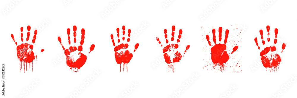 Poster red handprint variations set. artistic expression and creativity collection. isolated vector illustr