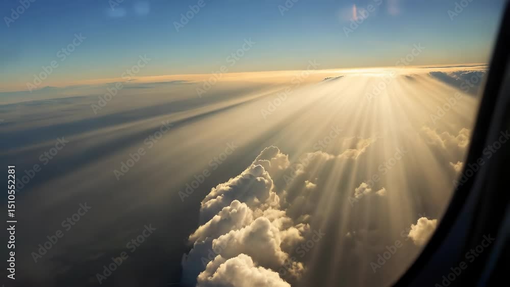 Aufkleber Airplane view of clouds with sun rays filtering through clouds and sunlight and airplane window frame view with clear blue sky view