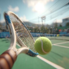 Closeup view of tennis racket hitting ball on sunny outdoor court