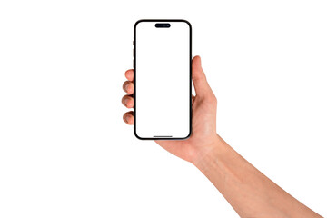 Hand showing smartphone with blank screen isolated.