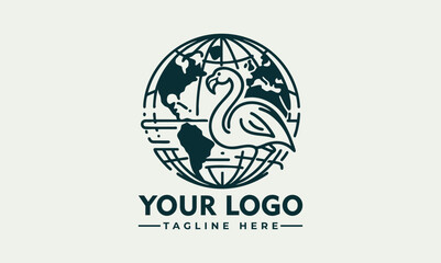 Stylized flamingo bird placed in front of outlined Earth globe representing environmental awareness. Wildlife concept

