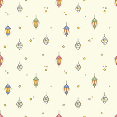 Ramadan Arabian lanterns and lamps.  Eid Mubarak Islam religion holiday seamless pattern with lanterns, Muslim crescent moon, Arabian lamps and stars garland