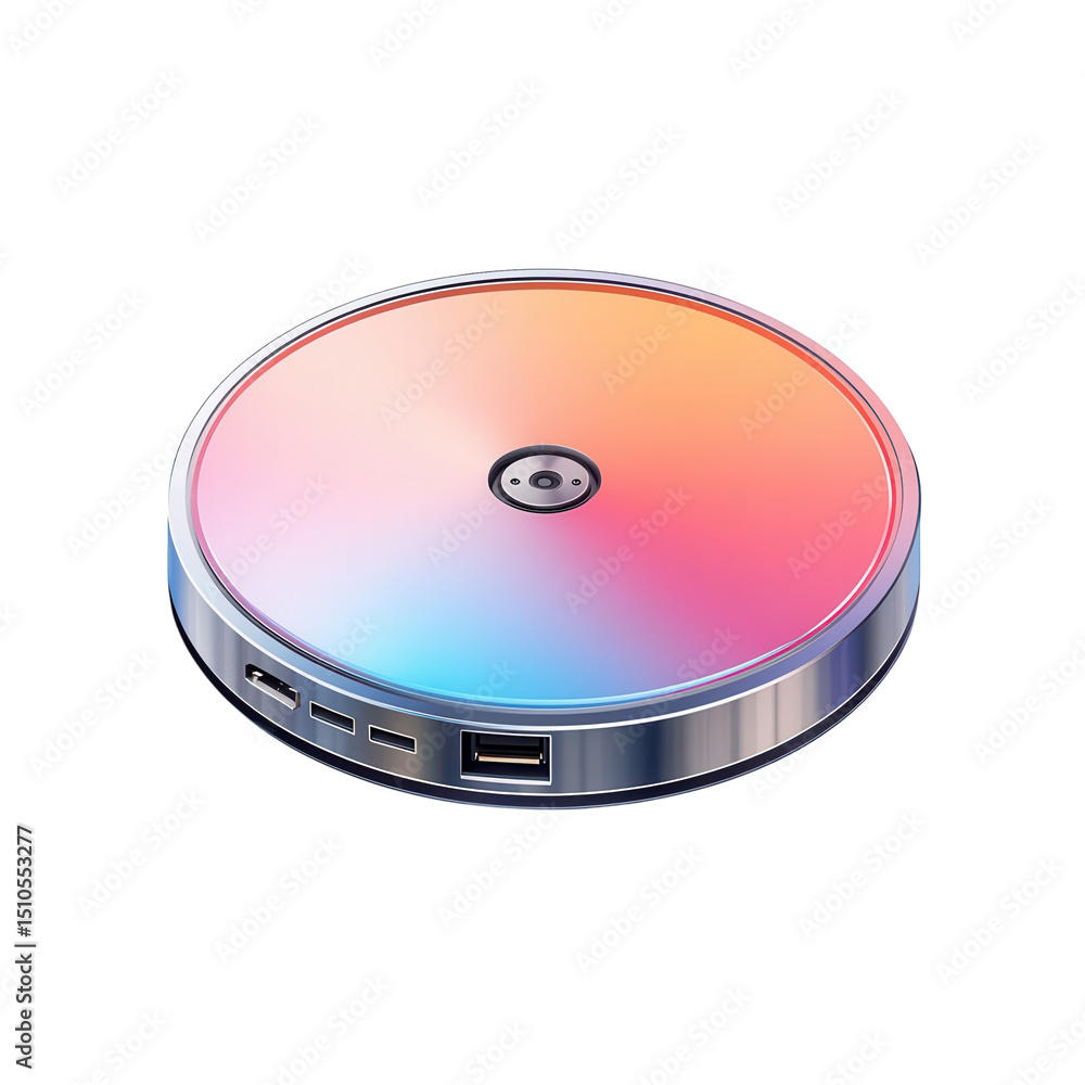 Poster a mesmerizing iridescent disc device glows with futuristic potential with on transparent background
