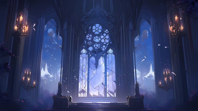A grand, gothic cathedral interior bathed in candlelight, featuring intricate stone carvings, stained glass windows, and ornate columns, exuding serene beauty and spiritual connection.