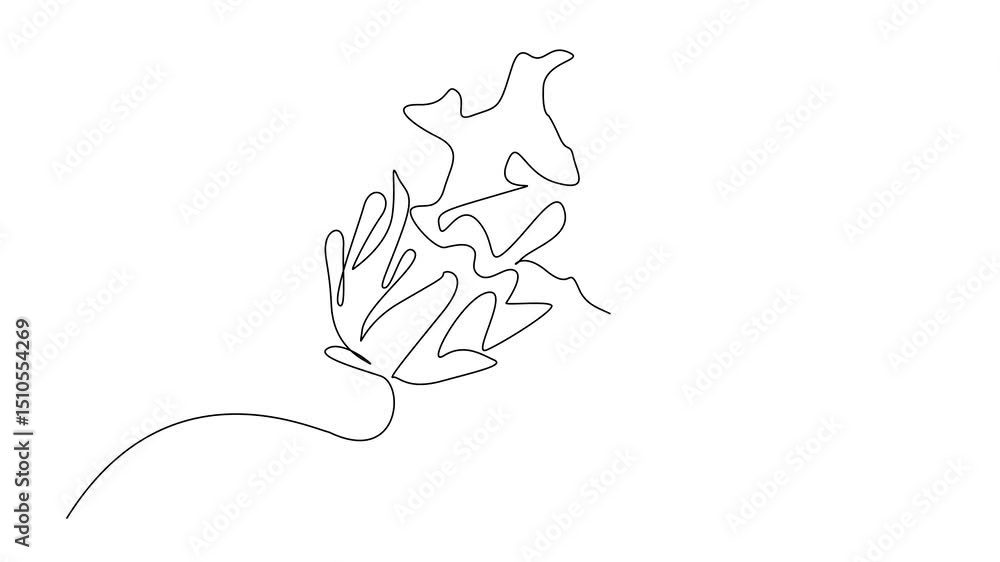 Poster animation of continuous one line drawing dragon fruit cut into 2 parts and the bottom part that is c