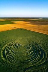 Naklejka premium Abstract Agricultural Symphony: An aerial perspective unveils the artistry of agriculture, with concentric circles carved into a vibrant green field.
