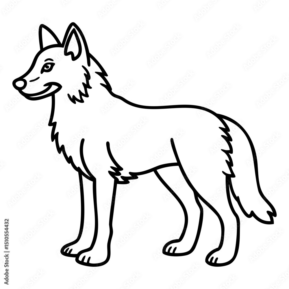 Poster line drawing of a standing wolf with pointed ears and a bushy tail in black outline on transparent b