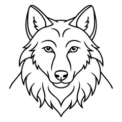 Illustration of a wolf head with detailed fur and pointed ears in black outline on transparent background