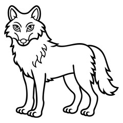 Illustration of a cartoon wolf standing with a fluffy tail and outlined details on transparent background