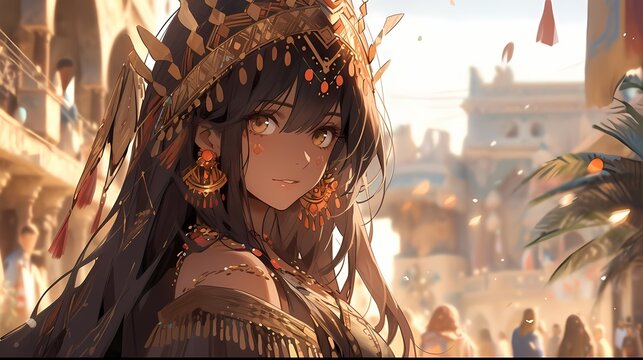 A fierce young woman with dark hair and jewelry gazes directly at the viewer in a bustling outdoor market, evoking a fantasy or adventure scene.