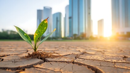 Green Plant Growing from Dry Soil with Urban Cityscape and Golden Sunset Glow