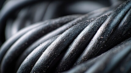 A macro photograph of tightly coiled black electrical cables, intertwined like mechanical veins