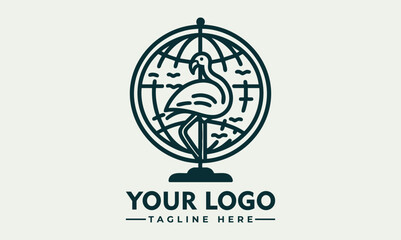 Stylized flamingo bird placed in front of outlined Earth globe representing environmental awareness. Wildlife concept
