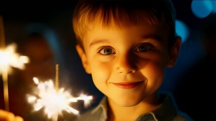 Joyful Caucasian boy with sparklers celebrates New Year, capturing childhood wonder and festive spirit