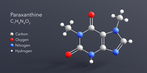 paraxanthine molecule 3d rendering, flat molecular structure with chemical formula and atoms color coding