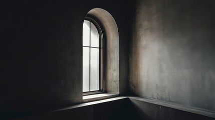 A moody close-up of a single arched window in a weathered concrete building