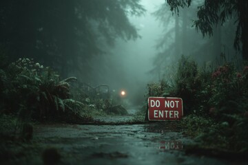Foggy Forest Path. A haunting view of a 'Do Not Enter' sign in a misty woodland.