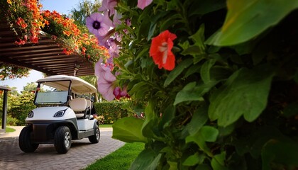 electric golf cart parked under shade with colorful flowers