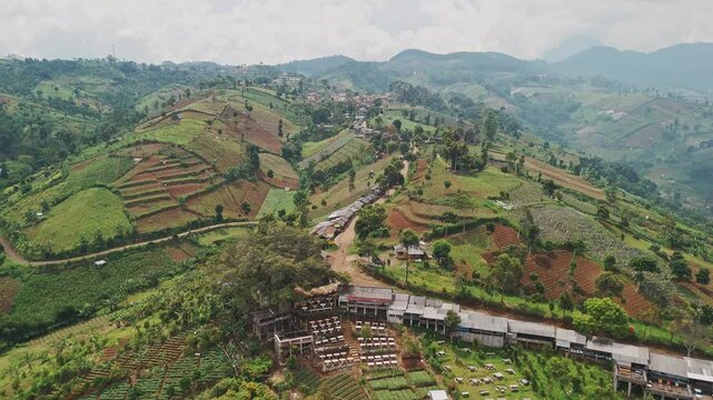Aerial of Indonesian farming, agricultural villages around Banding, Indonesia. Java Island