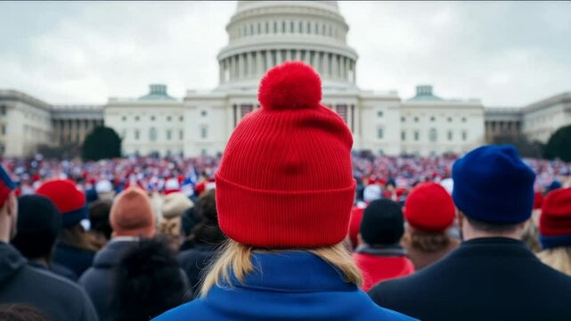 Diverse crowd gathers near iconic government building, celebrating national holidays with patriotic spirit and unity