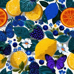 Vibrant Fruit and Flower Design. Artistic illustration featuring citrus fruits and butterflies.