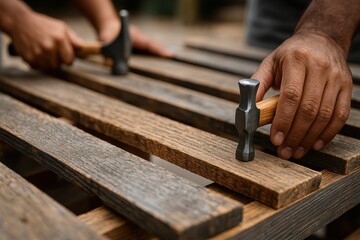 Hands hammering nails into wooden planks, showcasing craftsmanship and teamwork in woodworking.