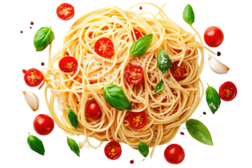 A vibrant, overhead view of a nest of spaghetti isolated on transparent background