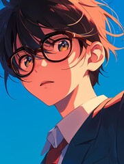 Young man with thoughtful expression, wearing suit and glasses