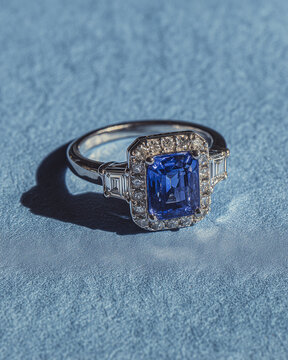 diamond engagement ring in silver with a blue diamont