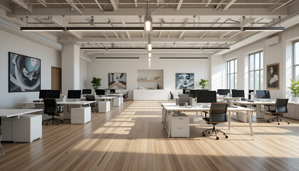 Modern spacious office workspace with hardwood floors sunlight streaming through large windows and stylish artwork on the walls