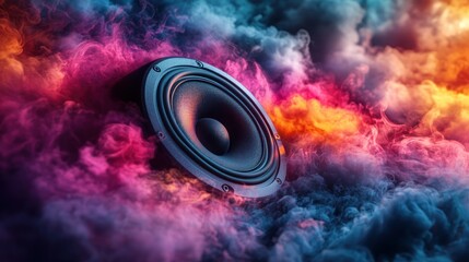 Powerful speaker in vibrant smoke