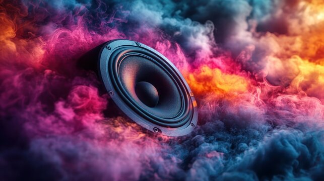 Powerful speaker in vibrant smoke