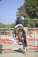 Equestrian Rider and Horse Clearing a Jump in a Showjumping Competition