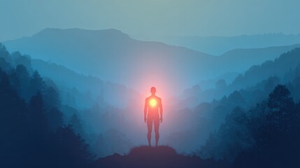 Figure Radiating Light Amidst Misty Forested Hills