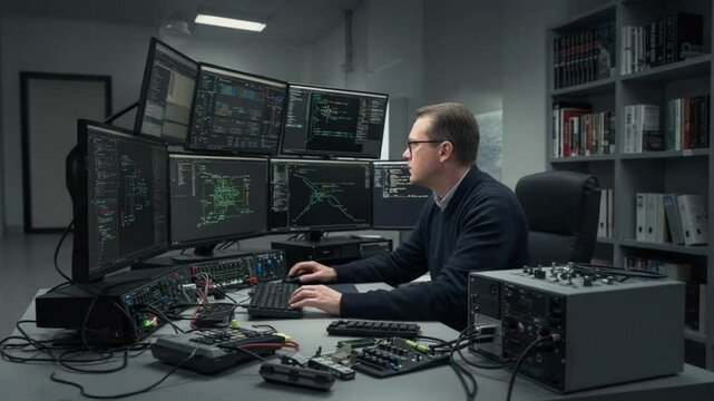 Young Software Engineer Working Late Hours in Tech Hub