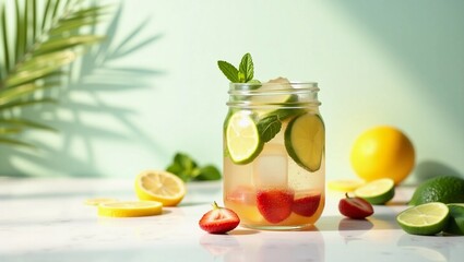 Front view flatlay of a transparent glass or jar filled with infused water, containing clear ice cubes and colorful sliced fruits such as lemon, lime, cucumber, strawberries, or mint leaves. 