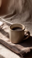 Close-up of a minimalist ceramic cup filled with steaming coffee, placed on a mocha-toned linen napkin
