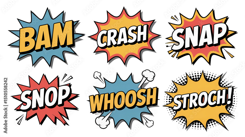 Poster six colorful comic book sound effect bursts with transparent background, expressing various actions 