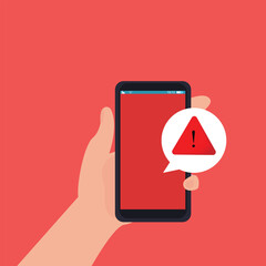 Hand holding smartphone with alert notifications on smartphone screen, Spam message sign. vector illustration...