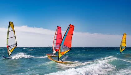 a dynamic image capturing three vibrant windsurfing sails riding the waves under a bright blue sky delivering an electrifying summer experience full of adventure and energy