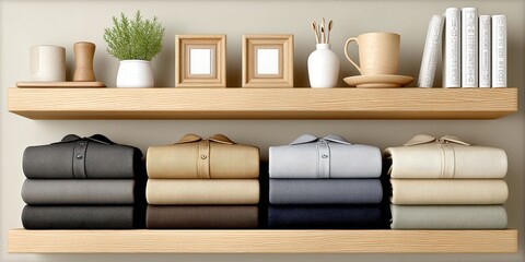 A wardrobe shelf featuring khaki, navy, and charcoal chinos neatly folded