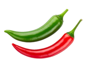 Two hot chili peppers red and green top view isolated on transparent background