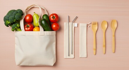 Vegetables and Utensils in a Reusable Bag