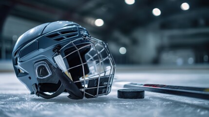 Fototapeta premium Close-up of a Hockey Helmet, Puck, and Stick on Ice in an Indoor Arena Setting Capturing the Essence of Ice Hockey Action