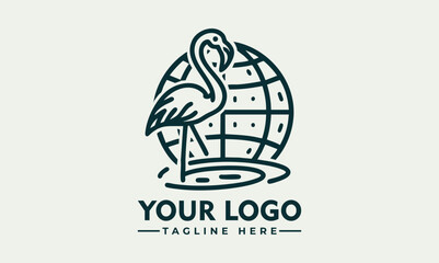 Stylized flamingo bird placed in front of outlined Earth globe representing environmental awareness. Wildlife concept
