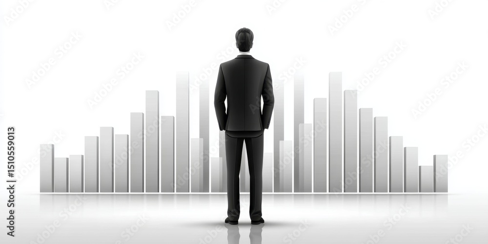 Poster a minimalist design of a trader and chart in silhouette on a white background