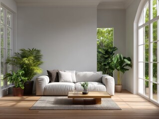 This is a picture of a stylish and modern living room with minimalist design. The room features contemporary furnishings, a comfortable couch, plush pillows, and plants that bring life to the space.